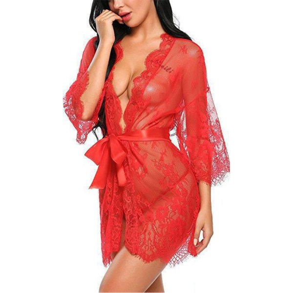 Kvinnors Spets Kimono Genomskinlig Robar Dam Sexig Lingerie Nattkläder Dressing Gown Red 2XL