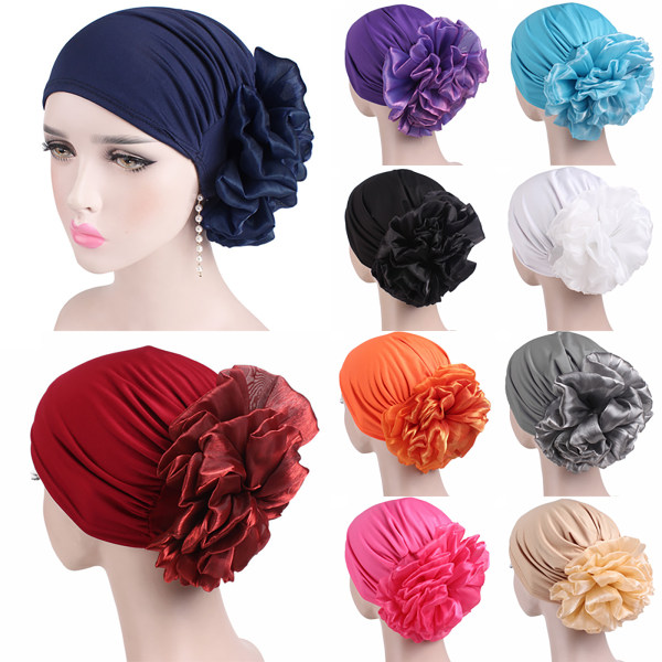 Kvinnor Stor Blomma Turban Hatt Beanie Hat Turban Retro Wreath,Muslim Hat Scarf Dam Hijab Flower Head Wra Rose red