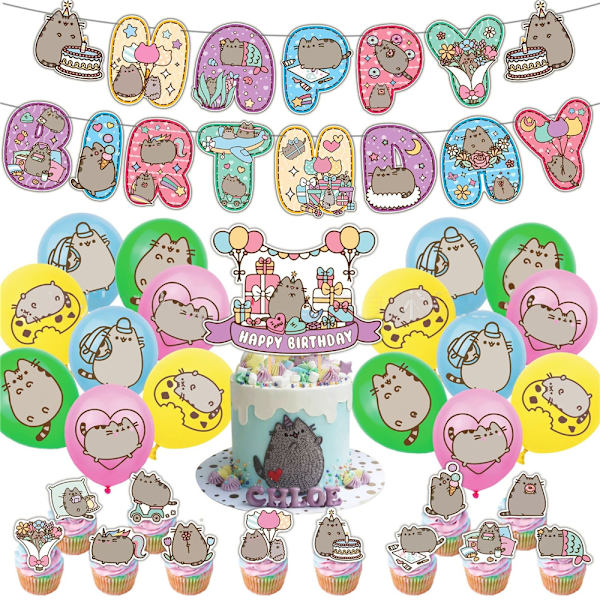 Pusheen Pojkar Flickor Barn Födelsedagsfest Tillbehör Ballonger Banner Tårta Topper Fest Dekoration Set