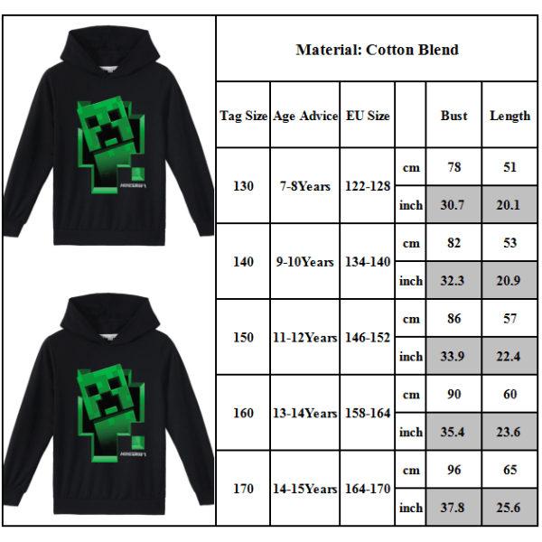 Kid Minecraft Creeper Hoodie Långärmad Casual Sweater Top green 160cm