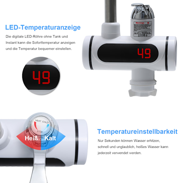 Elektrisk Kran Temperaturindikator Rostfritt Stål, 360° Roterbar, Hushåll, Digital Display, 3-sekunders Uppvärmning