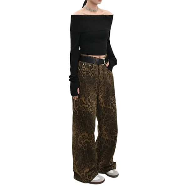 Leopard Jeans Dame Denim Bukser Kvinde Oversize Bred Ben Bukser M