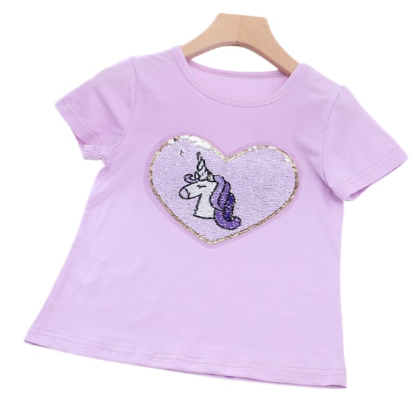 Barn flicka tecknad Unicorn paljett kortärmad sommartopp Unicorn purple 120cm