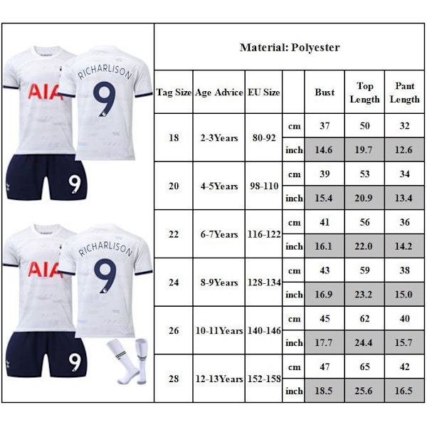 2023-2024 Ny Tottenham Hotspur Tröja Barn Fotbollströja Kit #9 RICHARLISON Fotbollsdräkter 26