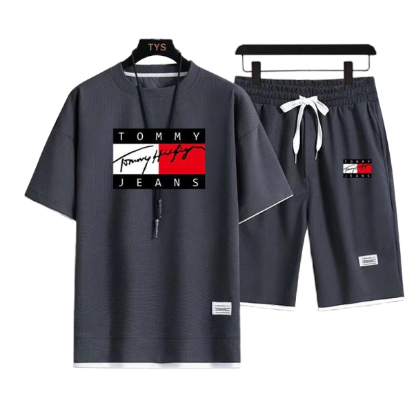 Bokstavstryck för män Sportkläder Fitness Löparkläder Casual T-shirt + Shorts-set Dark Grey XL