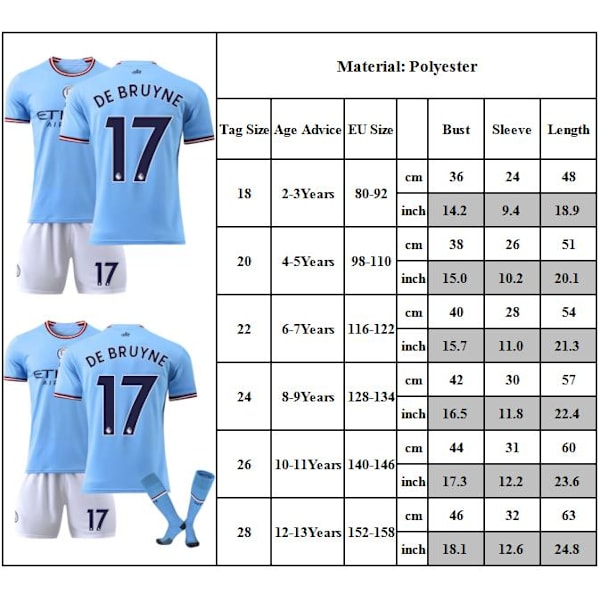 22-23 Manchester City Trøje Børn Fodboldtrøjesæt #17 De Bruyne Fodboldtøj 28