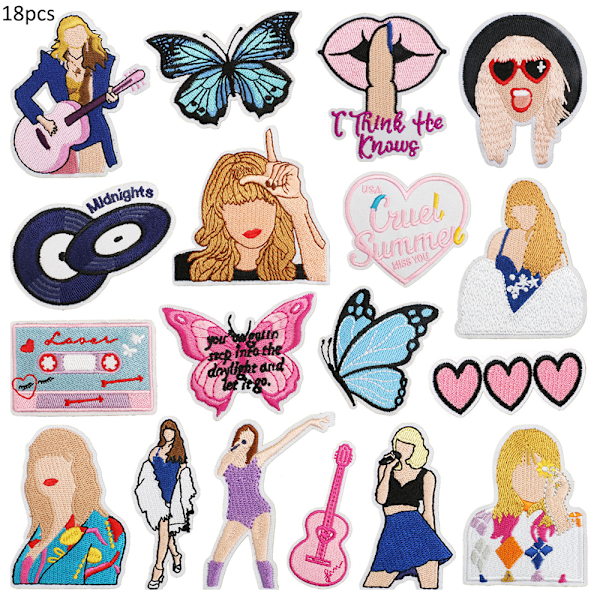 18 st Taylor Swift broderade strykjärns-på-lappar, sy applikationer reparationslappar märken 18PCS