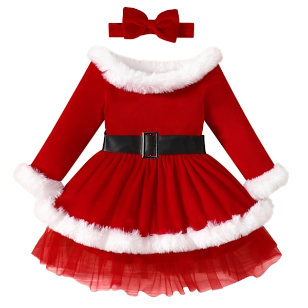 Julkläder för småbarn, flicka, julklänning, röd, långärmad, sammet, tomteklänning, prinsessfestklänning med pannband Red 2-3Y