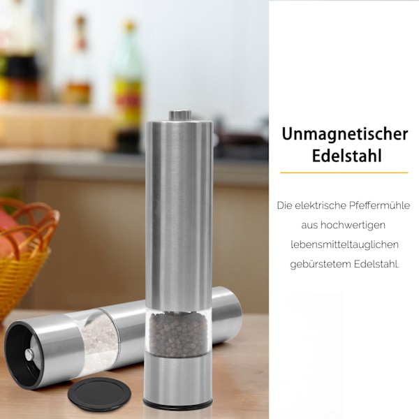 Elektrisk pepparkvarn saltkvarn, med justerbar keramisk kvarn 2-pack rostfritt stål kryddkvarn batteridriven med LED