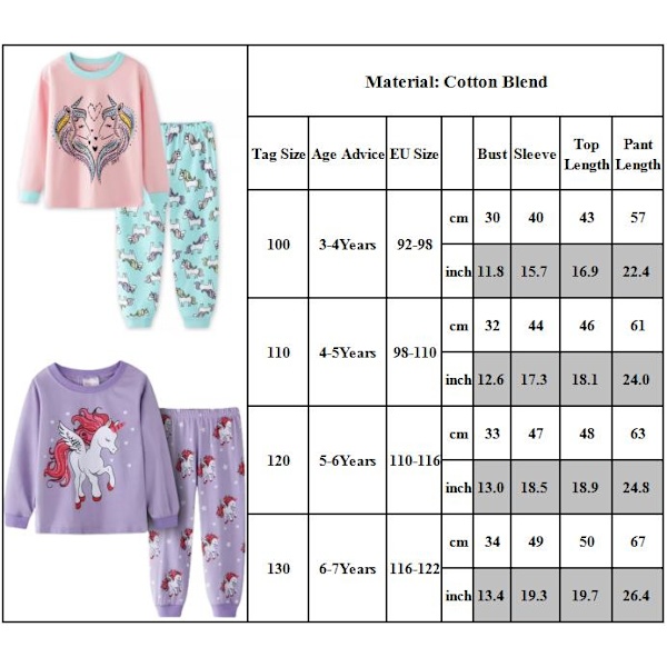 2-pack Barnflickor Pyjamas Enhörning Långärmad Tröja Nattkläder B 120cm