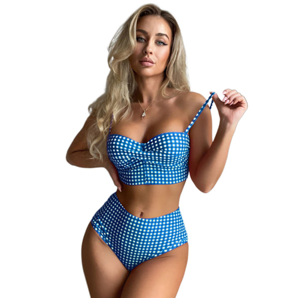 Dam Push Up Bikini Vadderad Lattice Baddräkt Set Hög midja Badkläder Simdräkt Sky blue 2XL