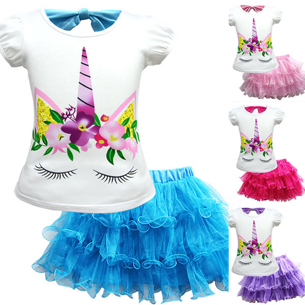 Flickor Barn Unicorn Klänningsset Barn Kortärmad Festkläder pink 140cm