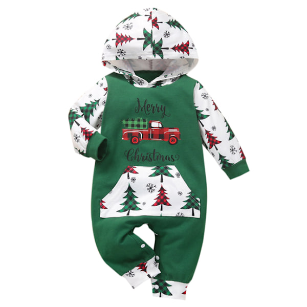 Barn Baby Jultryckt Huvtröja Långärmad Jumpsuit Set Green 100cm