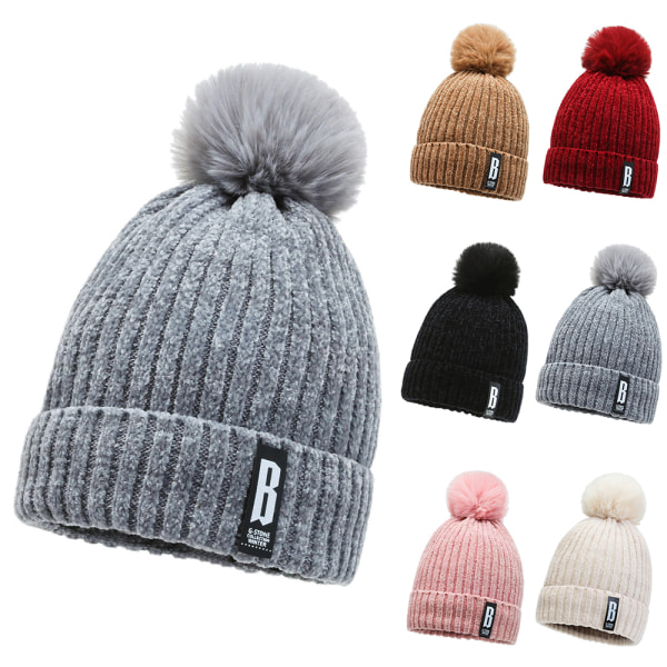 Dam Pom Pom Bobble Beanie Hat Chunky Stickad Warm Casual Cap grey