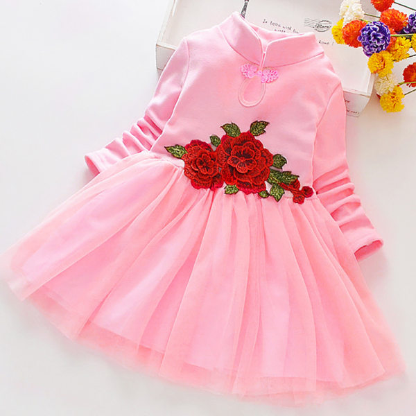 Flickor Barn Blomma Prinsessan Långärmad Tutu klänningar för bröllopsfest Pink 130cm