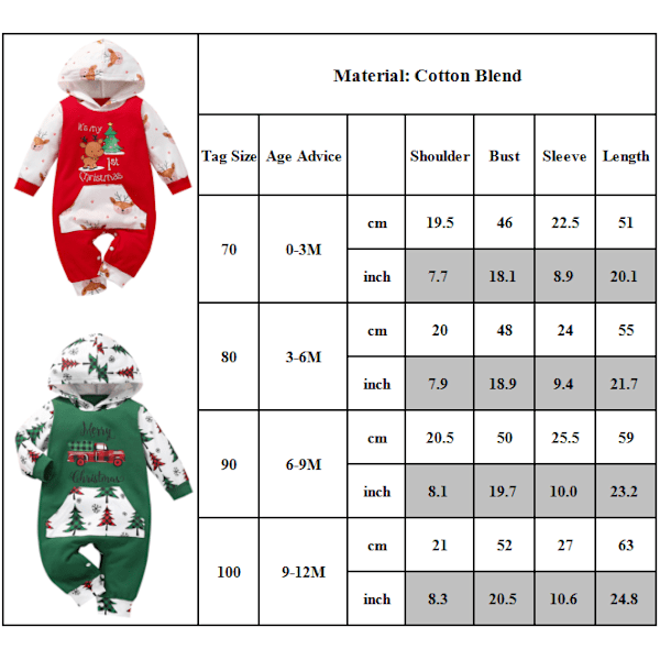 Lasten vauvan jouluaiheinen painettu hupullinen pitkähihainen romper-setti Red 90cm