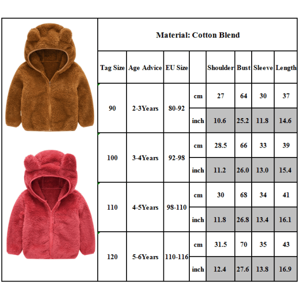 Barnjacka i Teddy Fleece för Småbarn, Pojkar och Flickor, Huvtröja med Huva, Varm Ytterkläder Red 90cm