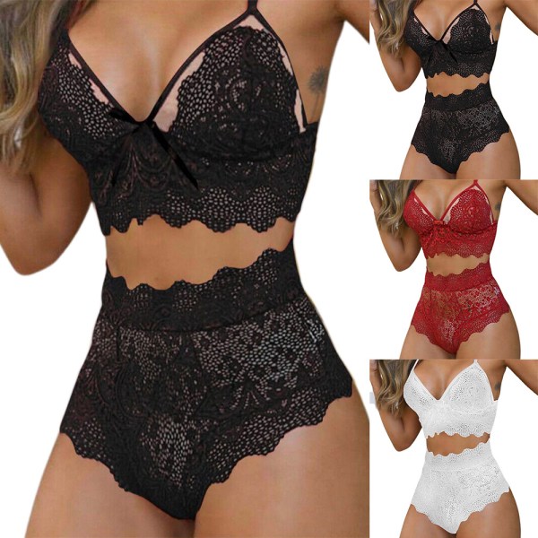 Mjuk spets push-up bh-set med högt midjehöga trosor, nattkläder Wine red XL
