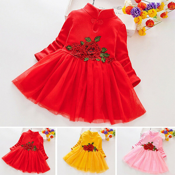 Flickors Barnblommig Prinsessa Långärmad Bröllopsfest Tutu Klänning Red 100cm