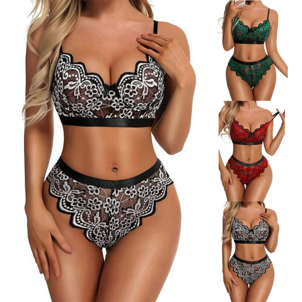 Kvinnor Sexiga underkläder Spets-BH Nattkläder Strumpor Underkläder Set Babydoll Sleepwear Set Green L