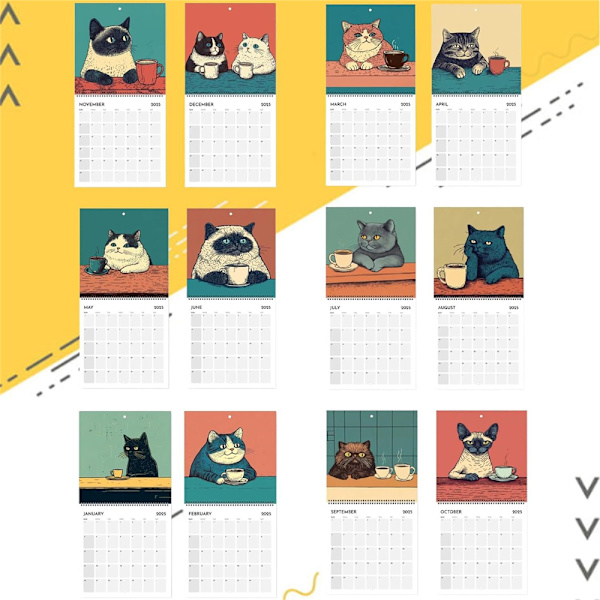 2025 Kattkalender Katter Chillar med Kaffe 8,5\" Handgjord 12 Månader Kaffe Katter Väggkalender 2025 Planerare Rolig Katt Familj Planerare Kalender