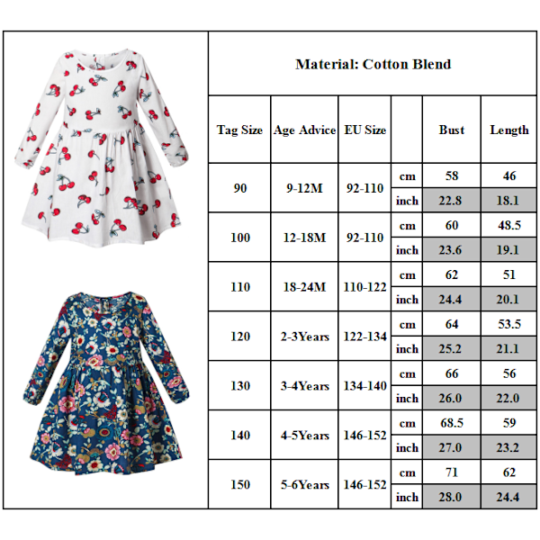 Barnflickor Casual Prinsessa Långärmad Tutus Klänning Blommig Tryckt Klänningar Navy 140cm