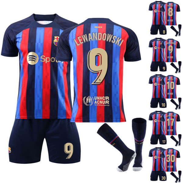 Barcelona hemma nr. 10 Messi nr. 9 Lewandowski Sportswear Set Barn Pojkar Fotbollssats Träningsoverall Set Skjorta Shorts Strumpor Jersey Outfit Sportkläder #17 20
