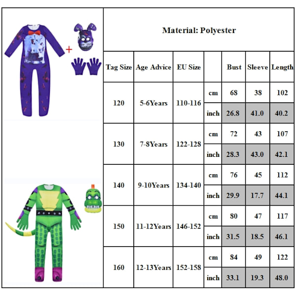 Halloween Five Nights at Freddy's Barnekostyme Jumpsuit Maske Fancy Kostymesett C 130cm