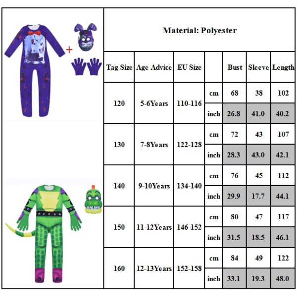 Halloween Five Nights at Freddy's Kids Cosplay Jumpsuit Mask Fancy Costume Set B 120cm