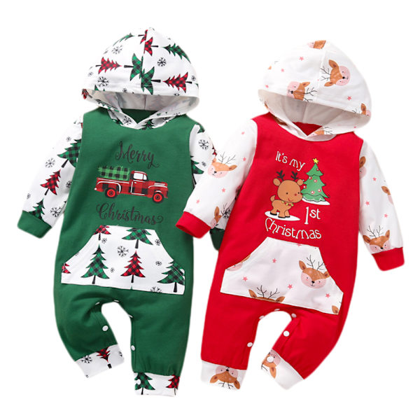 Lasten vauvan jouluaiheinen painettu hupullinen pitkähihainen romper-setti Red 90cm