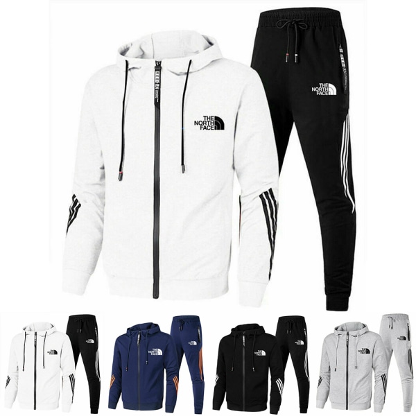 Män Helzippade Tryckt Hoodie Jacka Långa Sweatpants Joggers Sport Gym Tracksuit Set Navy Blue 3XL