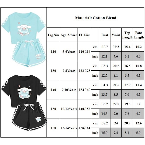 Barn Flickor Pojkar Cinnamoroll Tryckt Kortärmad T-shirt+shorts Sport Outfit Set Flickor Träningsdräkt Black 150cm