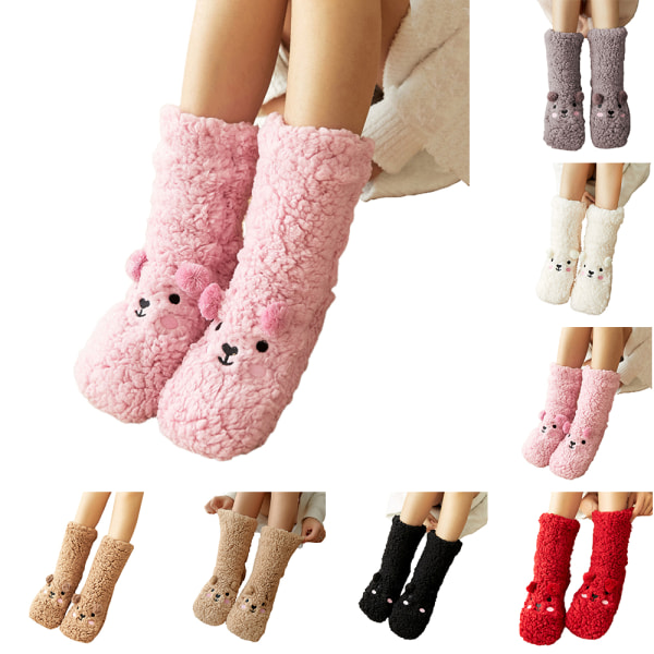 Dam Fuzzy Socks Mjuk Tofflor Hem Sova Söt Bear Sock Present Pink