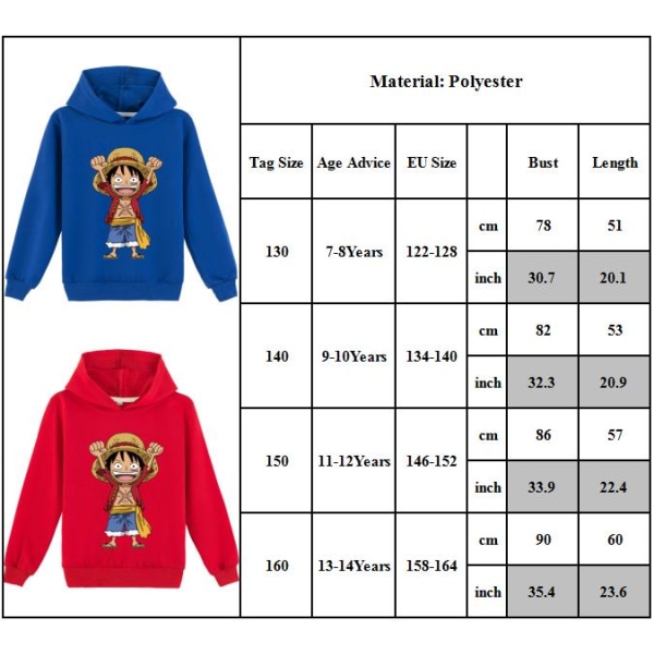 Barn Pojkar ONE PIECE Monkey D.Luffy Huvtröja Casual Huvad Tröja Sweatshirt Toppar Black 160cm