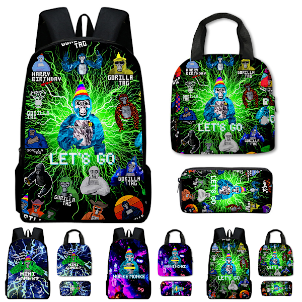 Gorilla Tag 3D -reppu lapsille, pojille ja tytöille, koululaukku, lounaslaukku ja penaali C