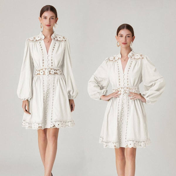 AUGUST PLUNGE MINI KJOLE V-hals Trykt Enkeltknappet Kort Kjole Dame Chic Kortærmet A-linje Kjoler 2025 Forår Feriekjole White 2XL