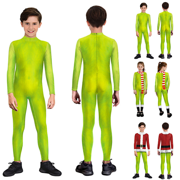 Juldräkt för barn, flickor och pojkar, Grinch-cosplay, jumpsuit, julparty, body A 120cm