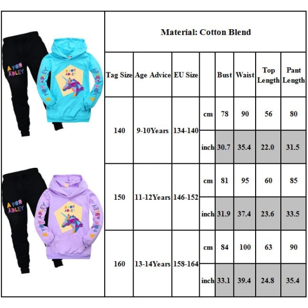 A för Adley Kids Hoodie+Pants Kostymer Träningströja 9-14Y purple 150cm