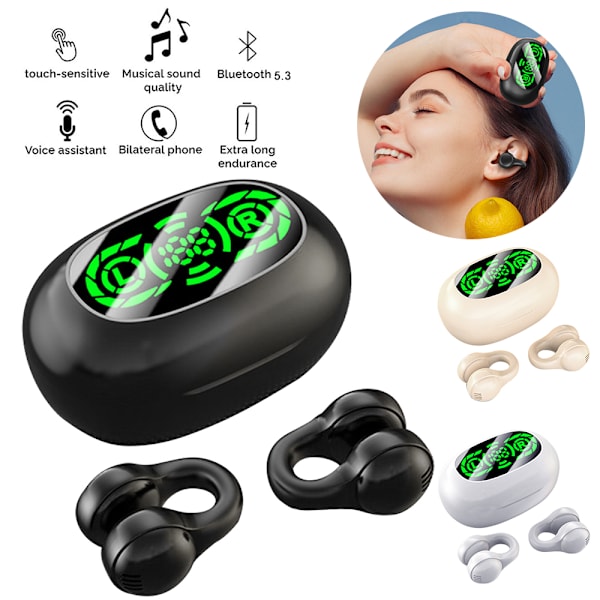 Trådlös Bluetooth hörsnäcka Öronklämma Hörlurar Stereoljud LED Digital Display Black