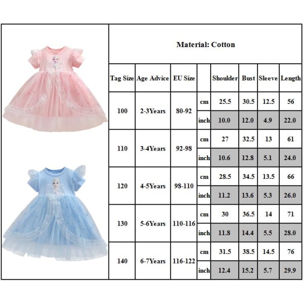 Barnflickor Frozen Elsa Prinsessklänningar Tutu Klänning Uppklädd Fancy Cosplay Kostym Present Pink 140cm