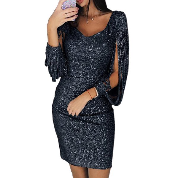 Dame Kjole med Splitt i Ermene, Paljetter, V-Hals, Tettsittende Mini Kjole for Fest Black 4XL