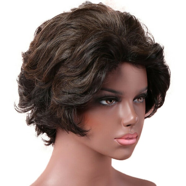 Kvinnor lockigt kort omber brun vågig peruk naturligt hår hel peruk