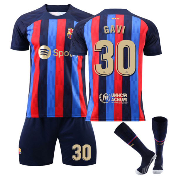 Barcelona hemma nr. 10 Messi nr. 9 Lewandowski Sportswear Set Barn Pojkar Fotbollssats Träningsoverall Set Skjorta Shorts Strumpor Jersey Outfit Sportkläder #30 26