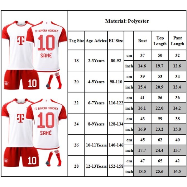 2324 Bayern Home fotbollströja barn Football Shirt Jersey No. 10 Sane jersey set Barnens ungdomslagsuniform 22