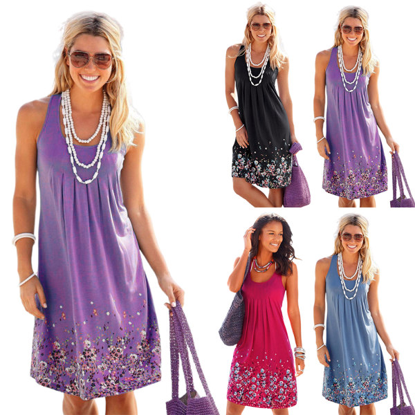 Kvinnor Boho blommig ärmlös miniklänning Lös Casual Holiday Beach Sundress Purple M