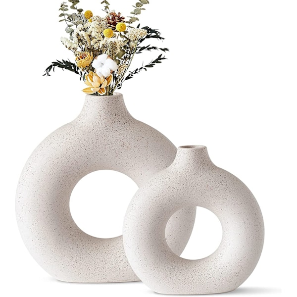 Keramisk vas, mjölkvit matt dekorativa vaser, handgjord rund vas, kreativ handgjord torkad blomsterbehållare, heminredning för kontor (set om 2)