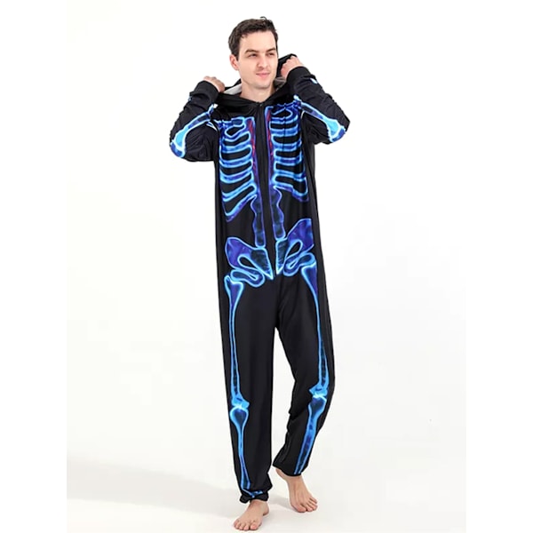 Halloween skrämmande skelett jumpsuit kostym för vuxna barn familj skräck skalle jumpsuit karneval fest huva förälder-barn pyjamas Dad M
