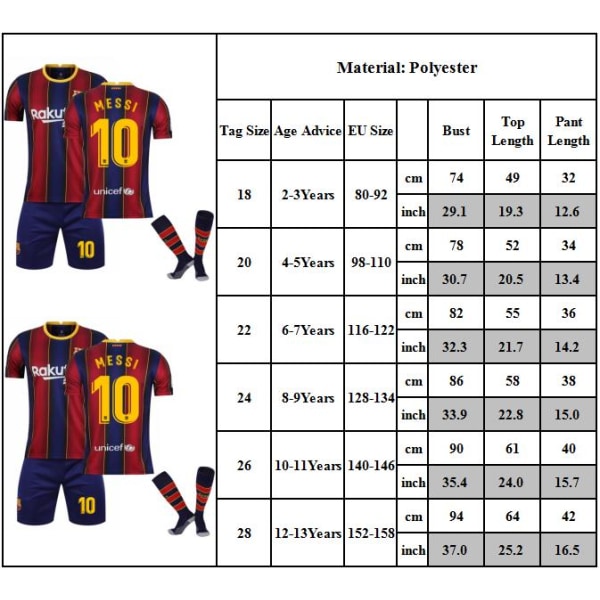 2020-2021 Barcelona Home No. 10 Messi Fotbollströja Barn Pojkar Tröjset Shorts Med Strumpor #20