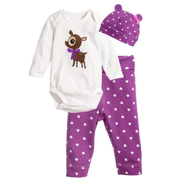 Newborn Baby Kläder Pojke Flicka Långärmad Romper Toppar + Byxor + Hatt Outfits Set Purple Love Deer 90cm