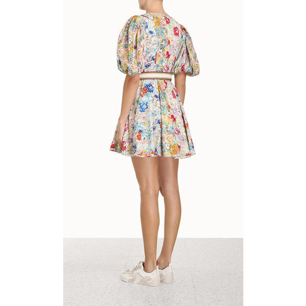 CLOVER PANEL MINI KJOLE Dame Slips Slids Flæsehals Bobleærme Elastisk Talje Boho Blomsterkjole M